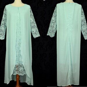 Turquoise Chiffon Lace Layered Draped Long Sleeve Midi Dress